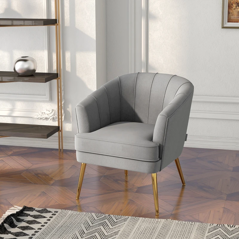 HOMCOM Scaun de Efect din Material Textil, Fotoliu din Catifea, Fotoliu Modern pentru Camera de Zi cu Picioare Metalice Aurii si Captuseala Groasa pentru Dormitor, Gri