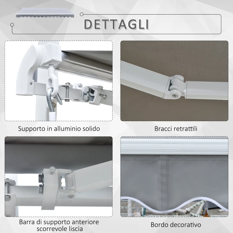 Outsunny Tenda da Sole Avvolgibile a Parete a Braccio Manuale con Manovella per Esterno Tessuto di Poliestere Alluminio 361 × 250cm Grigia