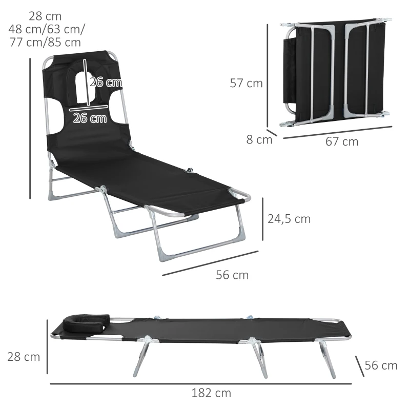 Outsunny Espreguiçadeira de Jardim Reclinável e Dobrável com Orifício de Leitura Apoio para Cabeça e Encosto Ajustável em 4 Níveis para Praia 182x56x24,5 cm Preto