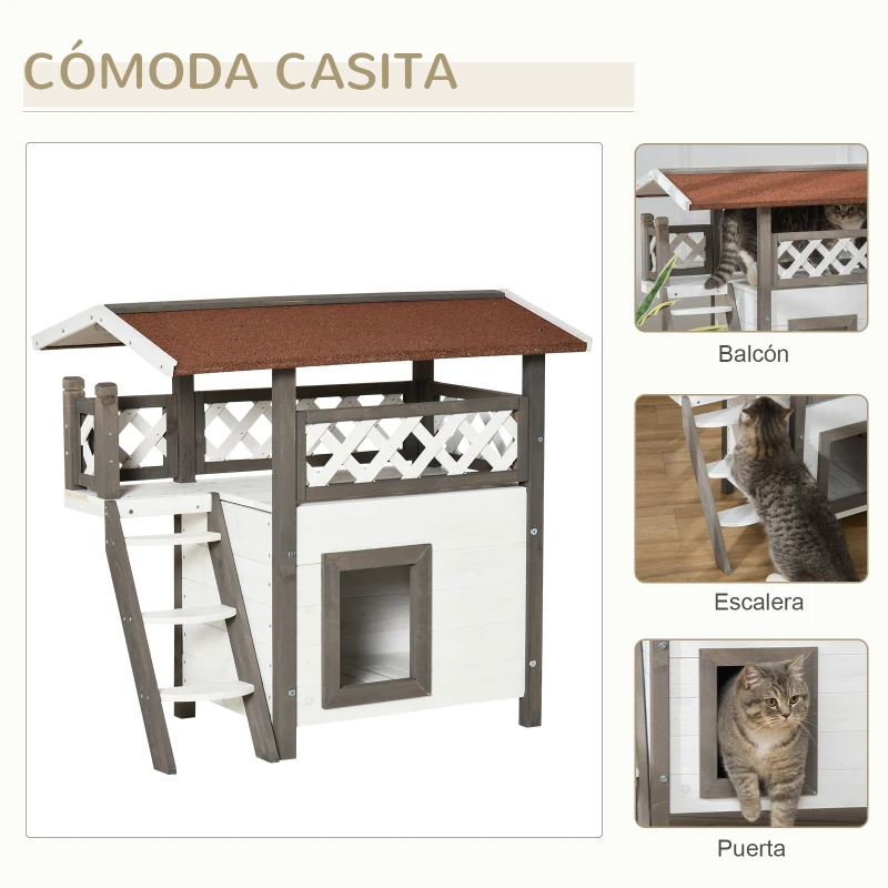 PawHut Caseta para Gatos de Madera 77x50x73 cm Casa para Gatos con 2 Niveles con Techo Asfáltico Terraza Vallada Cueva y Escalera para Interior y Exterior Blanco