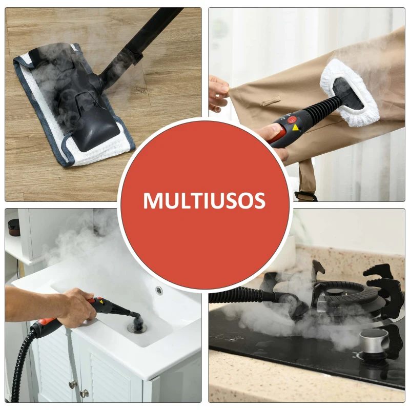 HOMCOM Máquina de Limpeza a Vapor 4 Bares Potência 2000W Multiusos Depósito 2L Autonomia 35 min com 16 Acessórios 40x24x27,2 cm Vermelho
