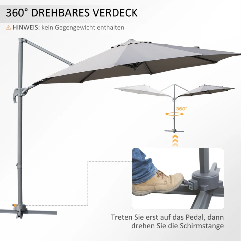 Outsunny Sonnenschirm Gartenschirm Ampelschirm rund Roma mit Handkurbel 360° drehbar Aluminum + Stahl + Polyester Grau Ø294 x 248 cm
