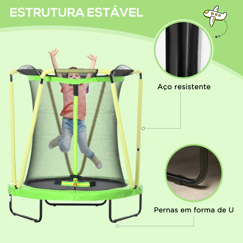 ZONEKIZ Trampolim Infantil Ø140x155 cm Trampolim para Crianças de 3-10 Anos com Cesta de Basquetebol e 20 Bolas de Plástico Verde