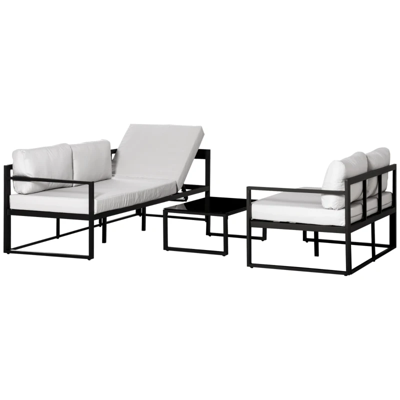Outsunny Conjunto de Móveis de Jardim 3 Peças de Alumínio com Mesa de Vidro Sofá de 2 Lugares e Sofá de 3 Lugares com Encosto Ajustável e Almofadas Removíveis 212x70x64cm Preto e Cinza