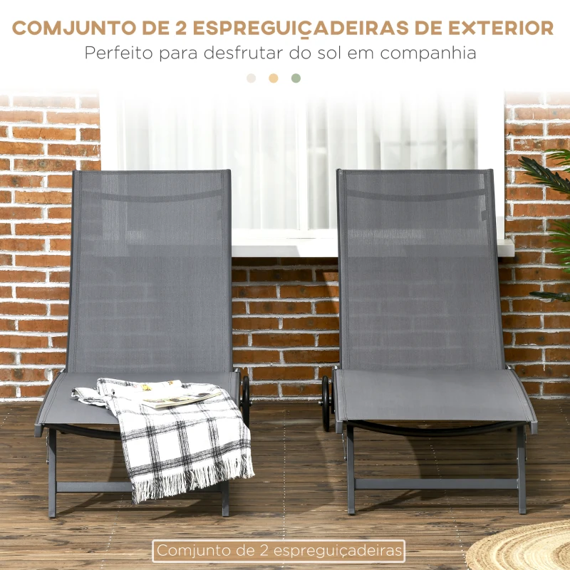 Outsunny Conjunto de 2 Espreguiçadeiras para Exterior com Encosto Ajustável em 5 Níveis e Rodas para Praia Piscina 165x66x102cm Cinza