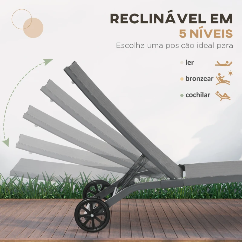 Outsunny Conjunto de 2 Espreguiçadeiras para Exterior com Encosto Ajustável em 5 Níveis e Rodas para Praia Piscina 165x66x102cm Cinza