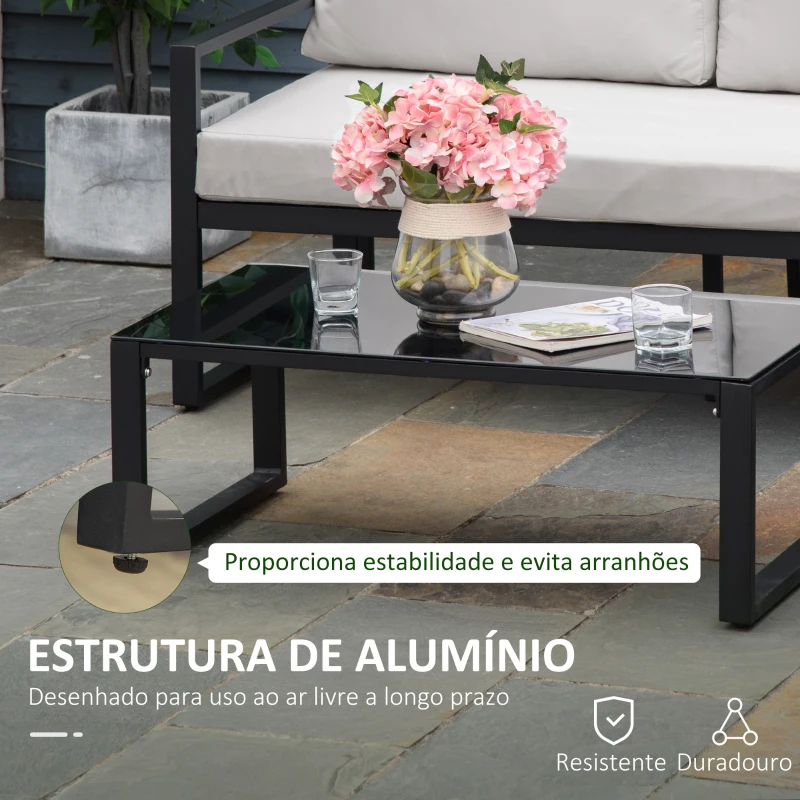 Outsunny Conjunto de Móveis de Jardim 3 Peças de Alumínio com Mesa de Vidro Sofá de 2 Lugares e Sofá de 3 Lugares com Encosto Ajustável e Almofadas Removíveis 212x70x64cm Preto e Cinza