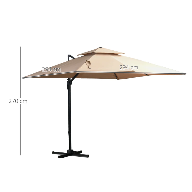 Outsunny Sombrilla de Jardín 300x300 cm Parasol de Aluminio con Manivela Poste Giratorio 360° Doble Techo Inclinable en 6 Posiciones y Base Cruzada Incluida Caqui