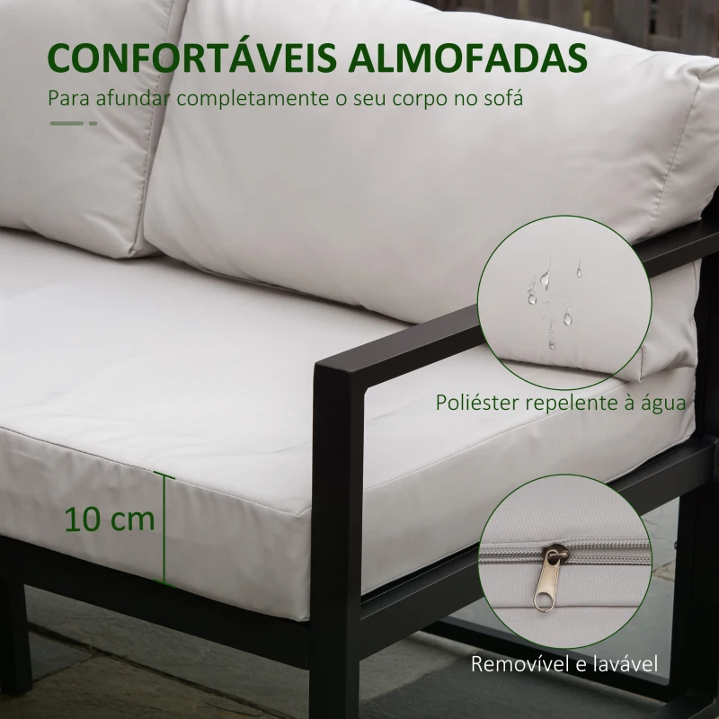 Outsunny Conjunto de Móveis de Jardim 3 Peças de Alumínio com Mesa de Vidro Sofá de 2 Lugares e Sofá de 3 Lugares com Encosto Ajustável e Almofadas Removíveis 212x70x64cm Preto e Cinza