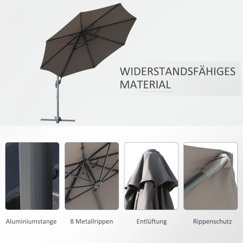 Outsunny Sonnenschirm Gartenschirm Ampelschirm rund Roma mit Handkurbel 360° drehbar Aluminum + Stahl + Polyester Grau Ø294 x 248 cm