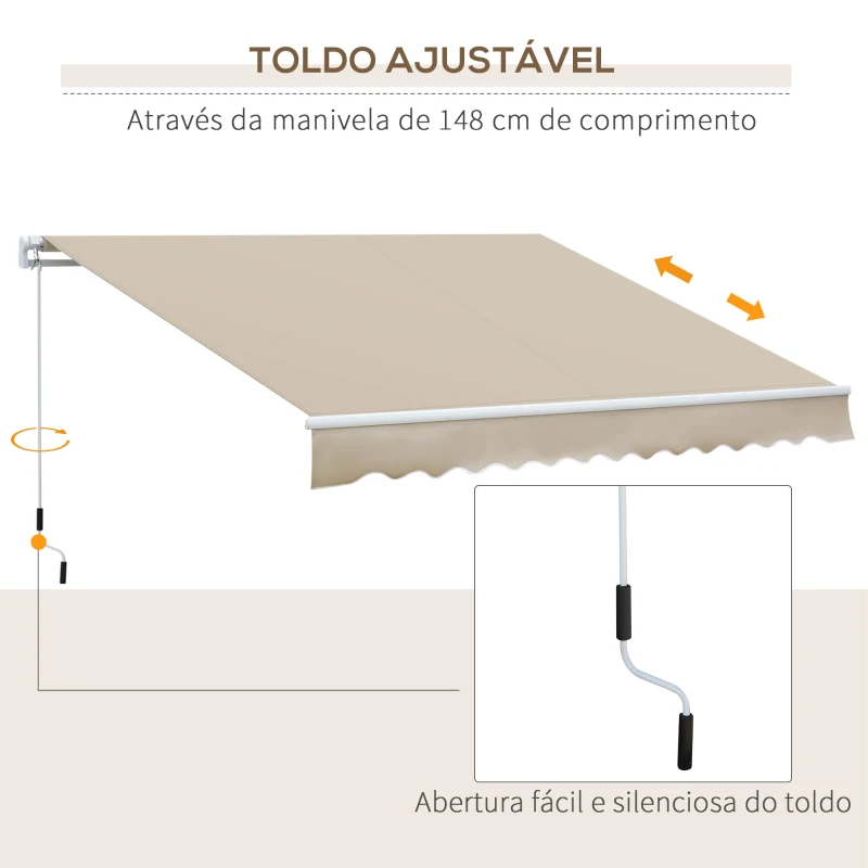 Outsunny Toldo Manual Retrátil 350x250 cm para Varanda com Manivela de Metal Impermeável e Anti-UV para Jardim Terraço Janelas Creme