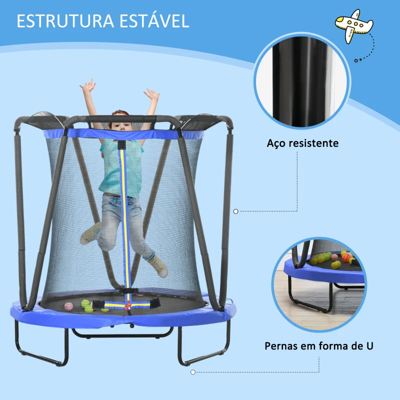 ZONEKIZ Trampolim Infantil Ø140x155 cm Trampolim para Crianças de 3-10 Anos com Cesta de Basquetebol e 20 Bolas de Plástico Azul