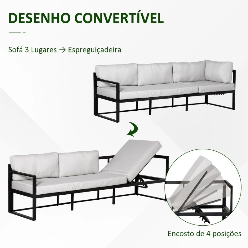 Outsunny Conjunto de Móveis de Jardim 3 Peças de Alumínio com Mesa de Vidro Sofá de 2 Lugares e Sofá de 3 Lugares com Encosto Ajustável e Almofadas Removíveis 212x70x64cm Preto e Cinza