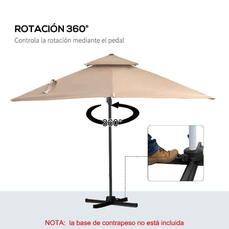 Outsunny Sombrilla de Jardín 300x300 cm Parasol de Aluminio con Manivela Poste Giratorio 360° Doble Techo Inclinable en 6 Posiciones y Base Cruzada Incluida Caqui