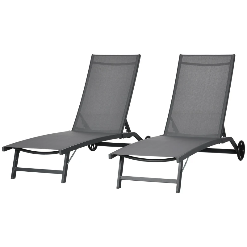 Outsunny Conjunto de 2 Espreguiçadeiras para Exterior com Encosto Ajustável em 5 Níveis e Rodas para Praia Piscina 165x66x102cm Cinza