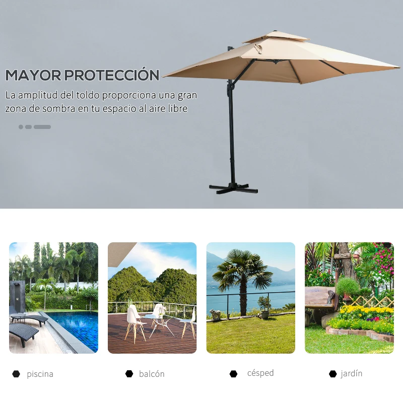 Outsunny Sombrilla de Jardín 300x300 cm Parasol de Aluminio con Manivela Poste Giratorio 360° Doble Techo Inclinable en 6 Posiciones y Base Cruzada Incluida Caqui