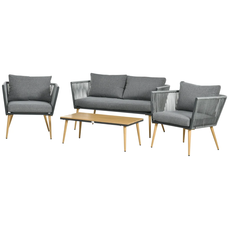 Outsunny Conjunto de Móveis de Jardim de Vime 4 Peças com Sofá de 2 Lugares 2 Poltronas e Mesa de Centro Cinza