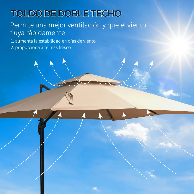Outsunny Sombrilla de Jardín 300x300 cm Parasol de Aluminio con Manivela Poste Giratorio 360° Doble Techo Inclinable en 6 Posiciones y Base Cruzada Incluida Caqui