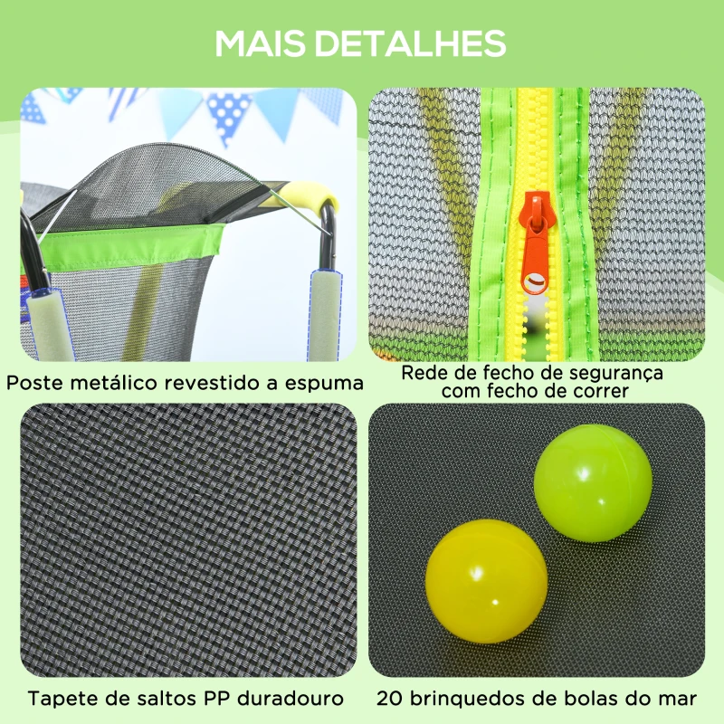 ZONEKIZ Trampolim Infantil Ø140x155 cm Trampolim para Crianças de 3-10 Anos com Cesta de Basquetebol e 20 Bolas de Plástico Verde