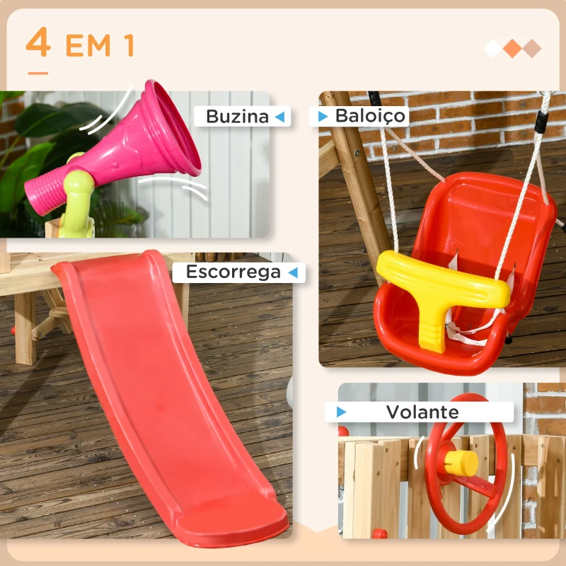 Outsunny Conjunto de Escorrega e Baloiço para Crianças de 18-48 Meses Parque Infantil de Madeira 170x200x118 cm Vermelho e Natural