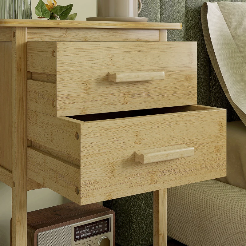 HOMCOM Set 2 Noptiere cu 2 Sertare și Poliță de Jos în Stil Nordic, Noptiere Moderne din Bambus, 40x34x60 cm, Lemn Natural