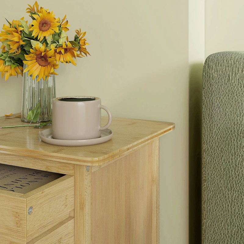 HOMCOM Set 2 Noptiere cu 2 Sertare și Poliță de Jos în Stil Nordic, Noptiere Moderne din Bambus, 40x34x60 cm, Lemn Natural