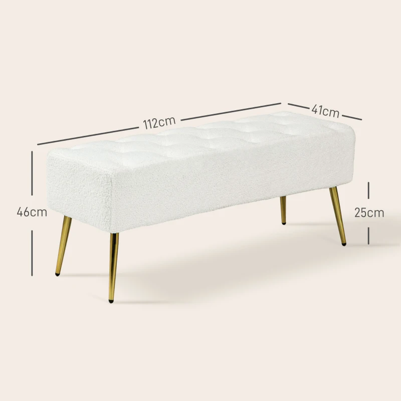 HOMCOM Poosterowana Ławka, Pikowanie, Optyka Wełny Jagnięcej, Nogi Pozłacane, do 120kg, 112x41x46cm, Kremowa