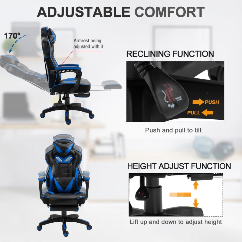 Vinsetto Computer Gaming Chair, Racing Desk Chair with Lumbar Support and Footrest, PU Leather Gamer Chair with Headrest and Swivel Wheels for Home, Blue