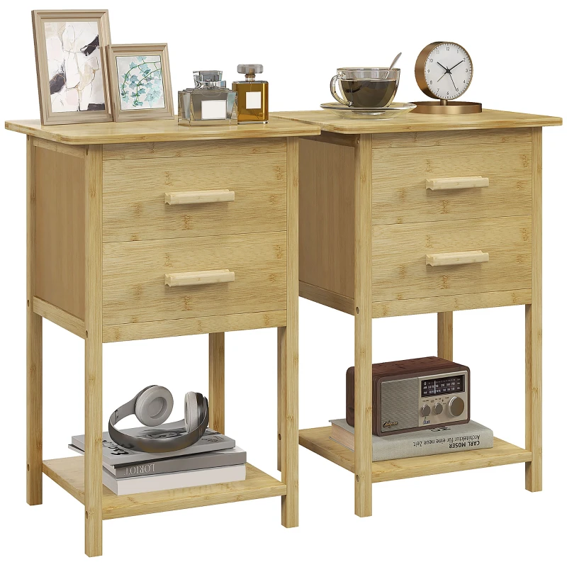 HOMCOM Set 2 Noptiere cu 2 Sertare și Poliță de Jos în Stil Nordic, Noptiere Moderne din Bambus, 40x34x60 cm, Lemn Natural