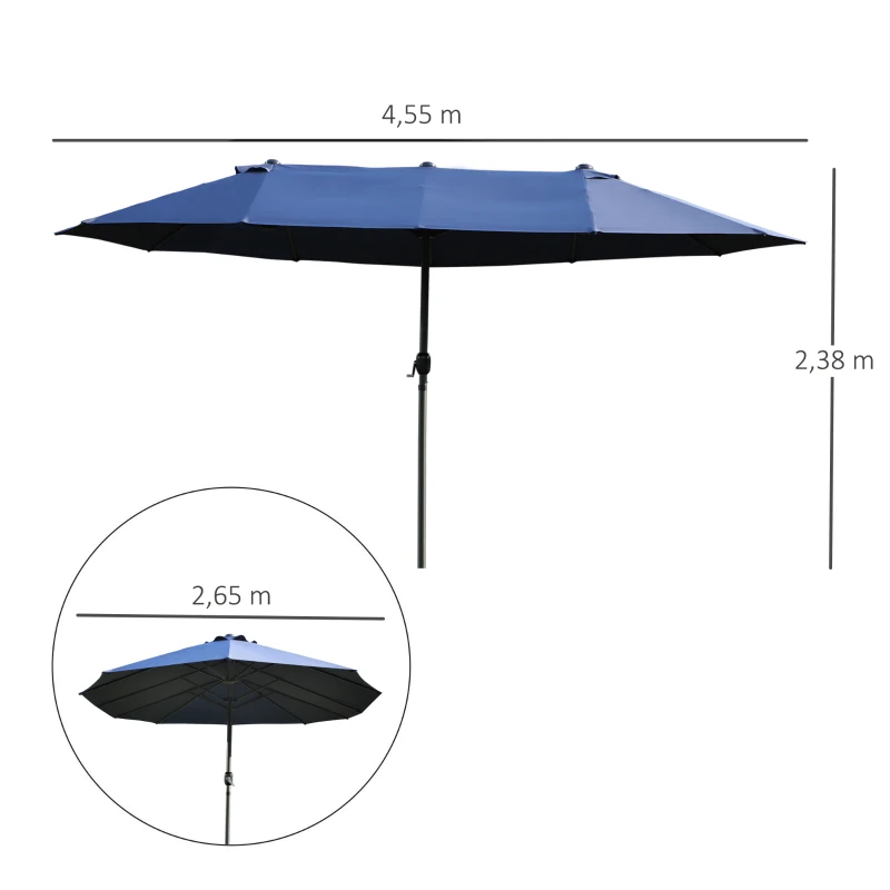 Outsunny Podwójny Parasol Ogrodowy Marketowy na Taras z Korbą Niebieski Owal 460 x 270 x 240 cm