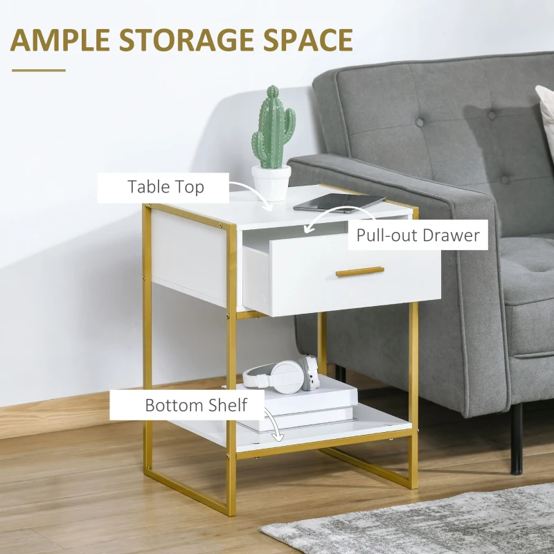 HOMCOM Set din 2 Noptiere Moderne, Noptiere cu Raft și Sertar, Organizatoare de Depozitare pentru Dormitor, 45x40x60 cm, Alb
