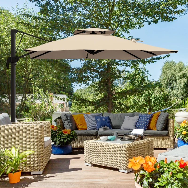 Outsunny Zweefparasol 2.94x2.94, Aluminium, Khaki