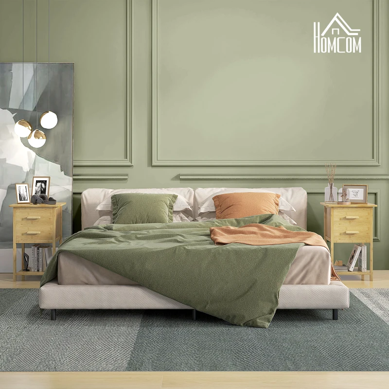 HOMCOM Set 2 Noptiere cu 2 Sertare și Poliță de Jos în Stil Nordic, Noptiere Moderne din Bambus, 40x34x60 cm, Lemn Natural