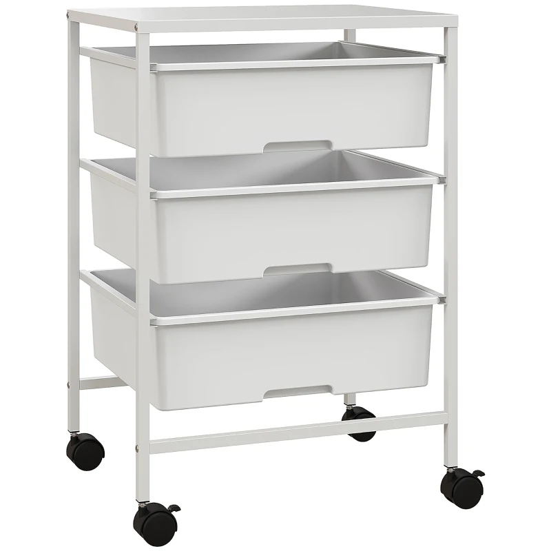 HOMCOM Cărucior Multifuncțional cu 3 Coșuri și Roți, Cărucior pentru Bucătărie și Birou din Oțel și Plastic, 40.8x33.5x60.5 cm, Alb