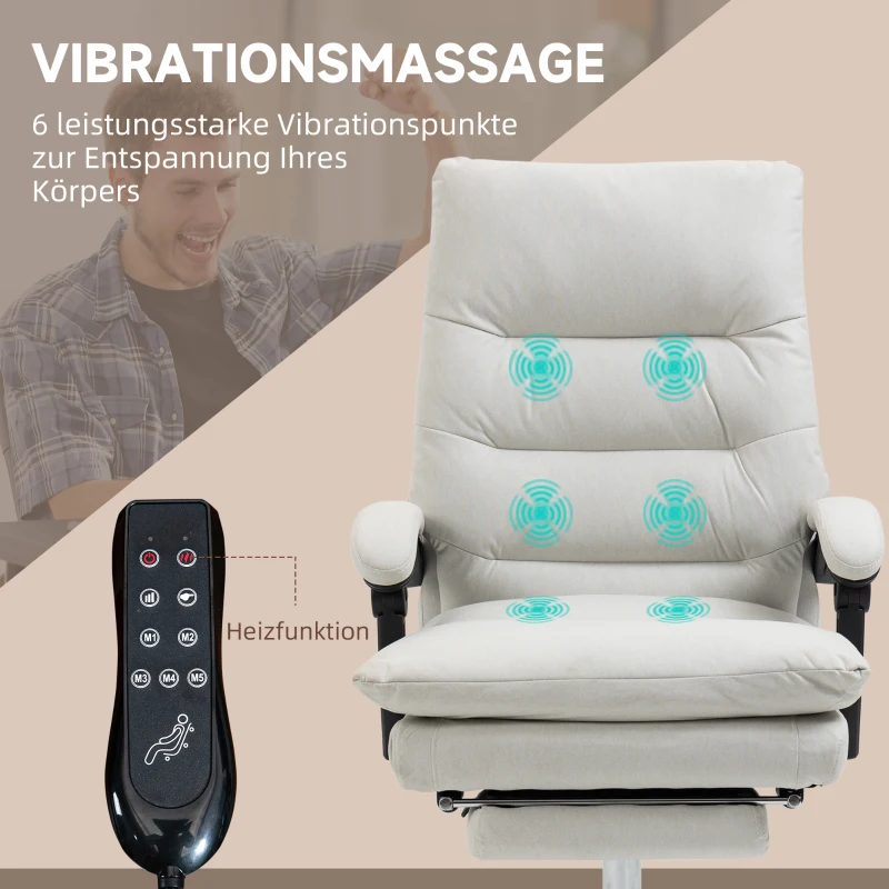Vinsetto Massagebureaustoel met Verwarming, Kantelfunctie, Kunstleer, 65x72x109-117cm, Crèmewit(m-4)