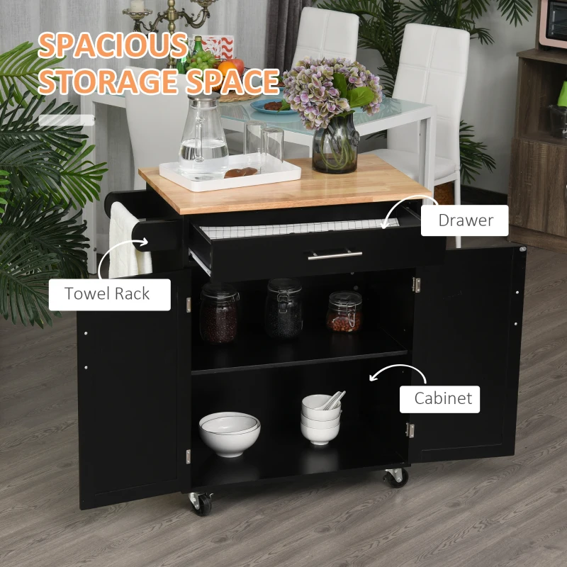 HOMCOM Cărucior de Bucătărie cu Sertar și Dulap cu 2 Uși, Insulă de Bucătărie cu roți și bară laterală, 83x45x91.5 cm, Negru(m-4)