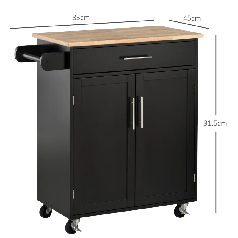 HOMCOM Cărucior de Bucătărie cu Sertar și Dulap cu 2 Uși, Insulă de Bucătărie cu roți și bară laterală, 83x45x91.5 cm, Negru(m-3)