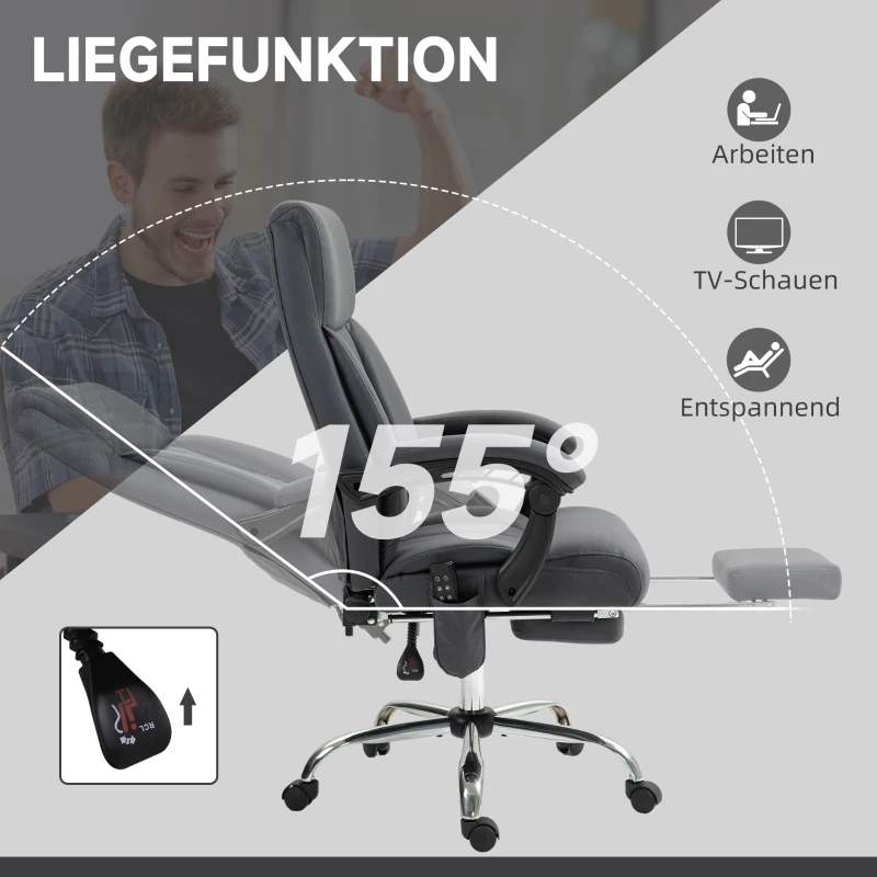 Vinsetto Fotel biurowy z masażem, Funkcja podgrzewania, Podnóżek, Regulowana oparcie, do 120 kg, Ciemnoszary
