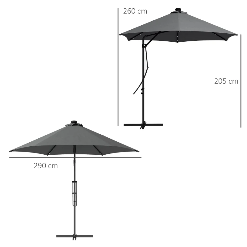 Outsunny Parasol ogrodowy, parasol przeciwsłoneczny, lampki LED, moduł słoneczny, odporny na warunki atmosferyczne, z pokrowcem, Ø290 x 260 cm, ciemnoszary