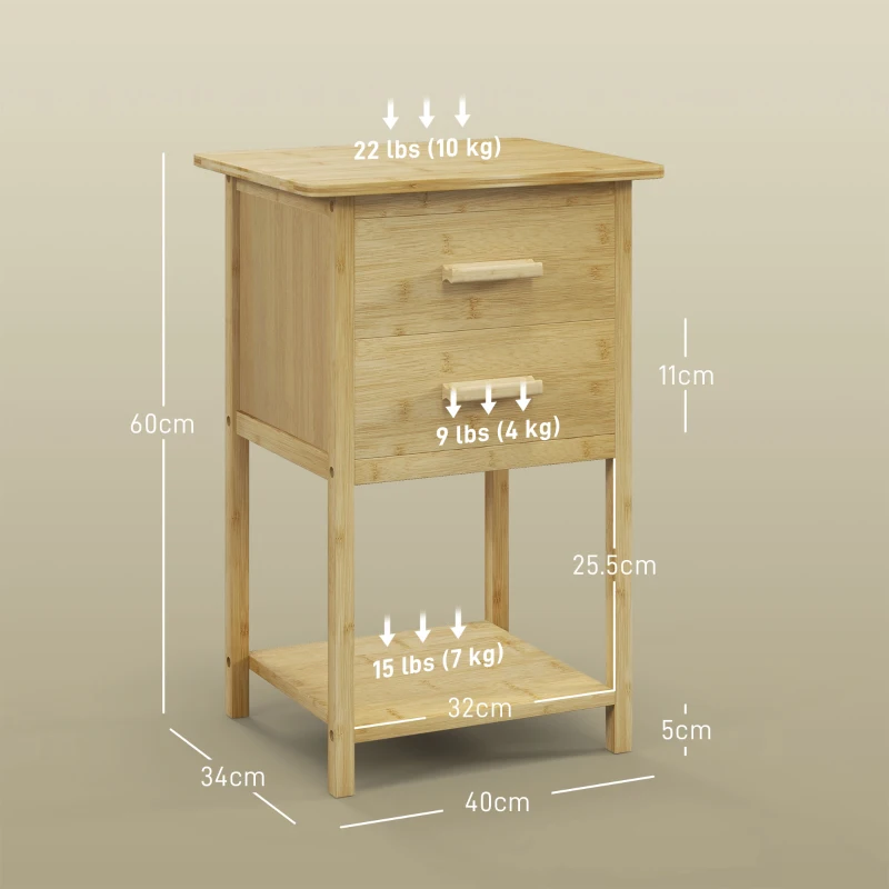 HOMCOM Set 2 Noptiere cu 2 Sertare și Poliță de Jos în Stil Nordic, Noptiere Moderne din Bambus, 40x34x60 cm, Lemn Natural