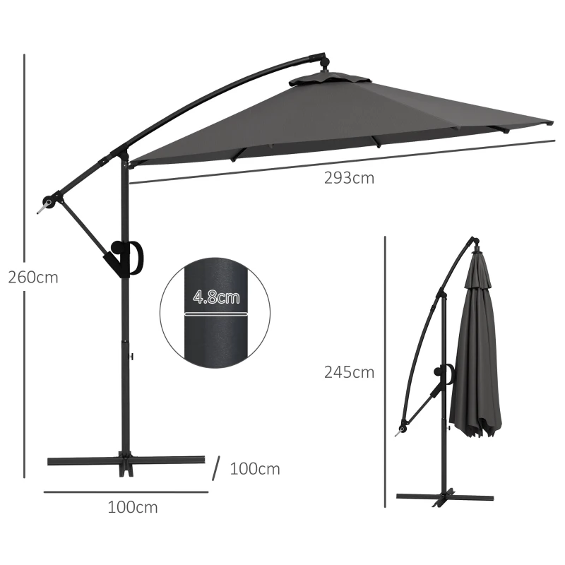 Outsunny Parasol Ampelschirm, incl. Kruisvoet, 293 x 293 x 260 cm, Grijs