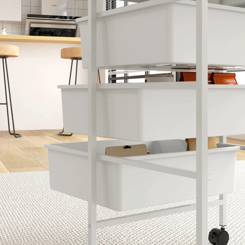 HOMCOM Cărucior Multifuncțional cu 3 Coșuri și Roți, Cărucior pentru Bucătărie și Birou din Oțel și Plastic, 40.8x33.5x60.5 cm, Alb