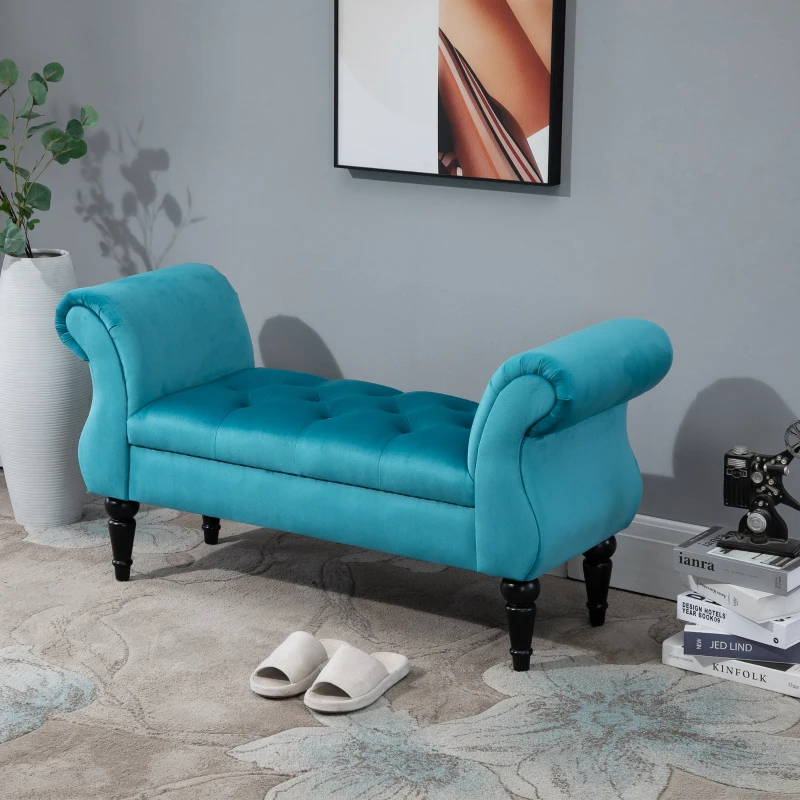 HOMCOM Chaise Captusita Stil Vintage cu Cotiere Tapitate si Cadru din Lemn, Albastru deschis 117x40x58Hcm(m-12)