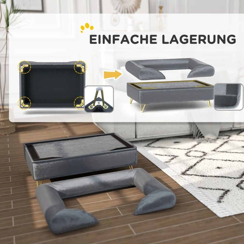 PawHut Sofa dla Psów, Łóżko dla Psa, Pokrycie Pralne, dla Małych Psów do 10kg, Drewniana Konstrukcja, 76x53,5x34cm, Szary