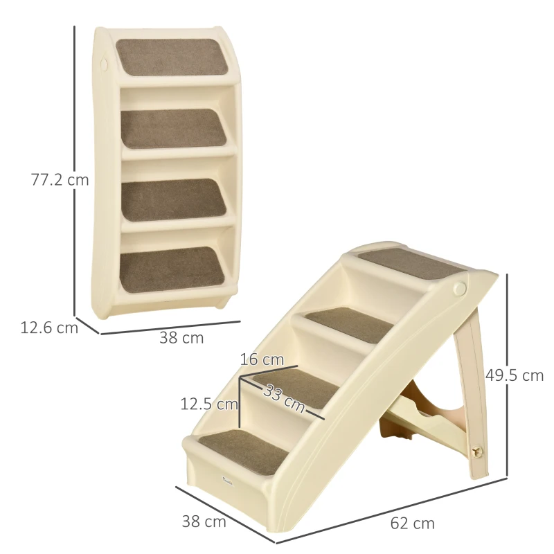 PawHut Scară Pliabilă pentru Câini cu 4 Trepte Antiderapante, Scară din PP pentru Animale de Companie, 62x38x49,5 cm, Bej