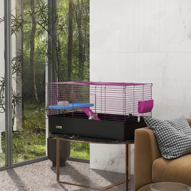PawHut Chinchillas Small Rabbit Guinea Pig Small Animal Cage, Pet Playhouse, with Platform, Ramp, 99 x 52 x 53cm, Black
