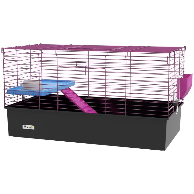 PawHut Chinchillas Small Rabbit Guinea Pig Small Animal Cage, Pet Playhouse, with Platform, Ramp, 99 x 52 x 53cm, Black