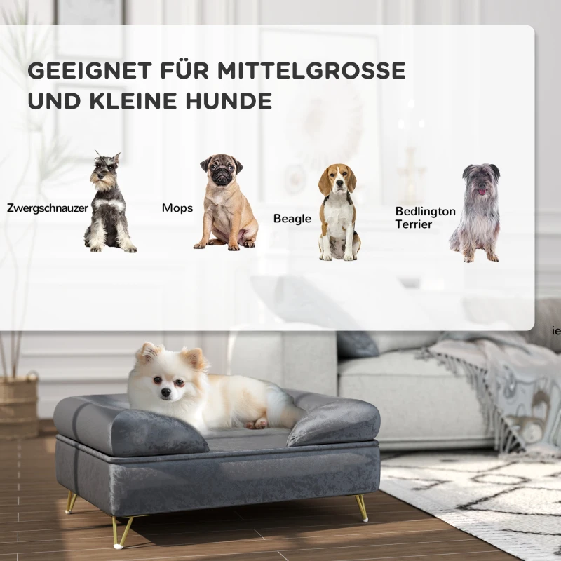 PawHut Sofa dla Psów, Łóżko dla Psa, Pokrycie Pralne, dla Małych Psów do 10kg, Drewniana Konstrukcja, 76x53,5x34cm, Szary