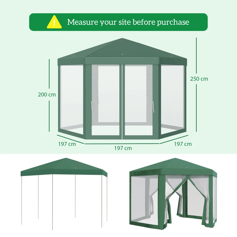Outsunny Carpa Hexagonal con Mosquiteras con Cremallera para Jardín y Terraza Gazebo tipo Cenador 197 cm cada Lado Verde