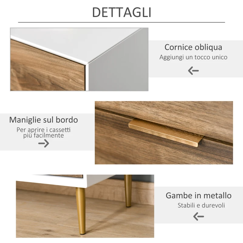 HOMCOM Cassettiera 4 Cassetti con Maniglie e Piedini, Arredamento Moderno Casa in Legno 80x40x93.5cm Bianco e Noce